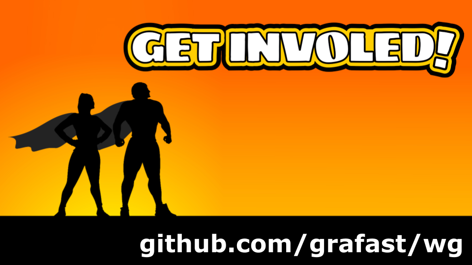 A cartoon graphic of superheroes looking over their city at sunset. The text reads &quot;Get involved&quot; and there is a link to the Grafast working group hosted on GitHub